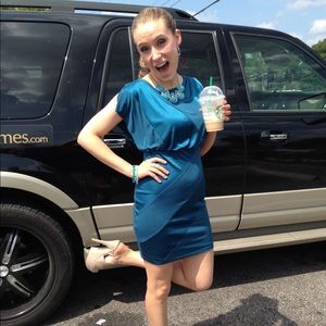 Teal Striped Bodycon Dress w/ Bow Accent in Back